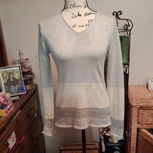 Authentic Chanel Silver Shimmering Vneck Light Sweater Size 40